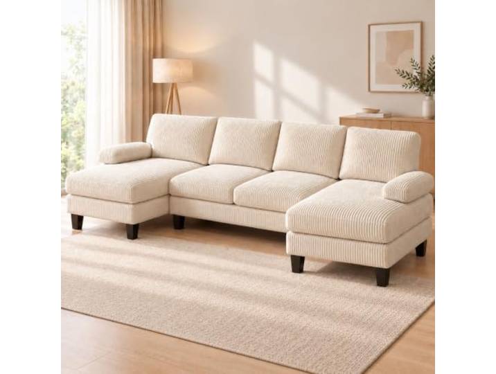 Xbro Sofa U Form, Ecksofa mit Schlaffunktion ,Beige,270 x 122 x 86 cm U-förmiges 4-Sitzer Sofa, große Wohnlandschaft Ecksofa aus Cordstoff, für Wohnzimmer