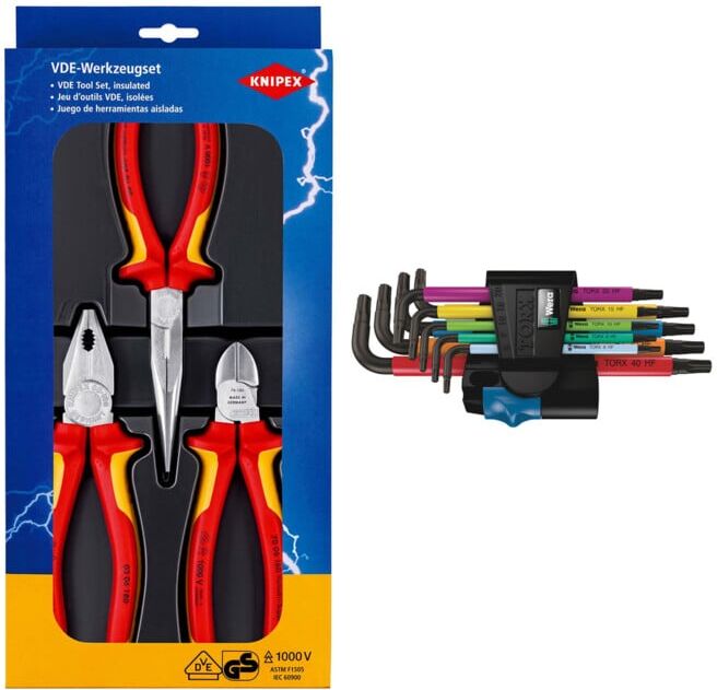 Knipex Set VDE-Zangenset Sicherheit 3-tlg. + Wera 967 SL/9 TORX® HF Multicolour Winkelschlüsselsatz mit Haltefunktion, 9-teilig
