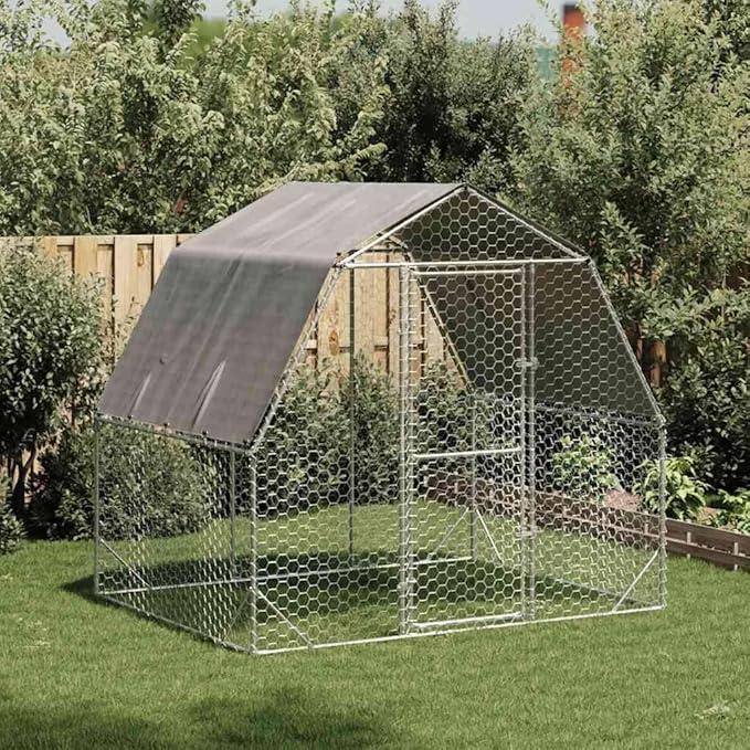 Hühnerstall mit Dach aus verzinktem Stahl 2,5 x 2 x 2,25 m Freigehege mit wasserfestem Dach, begehbarem Schutz für Hühner, inkl. Tür