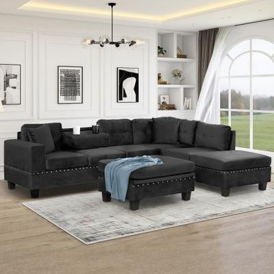 Loedds 105.1-inch 3-Seat Reversible L-Shaped Modern Velvet Sectional Sofa with Cup Holders for Living Room, Black