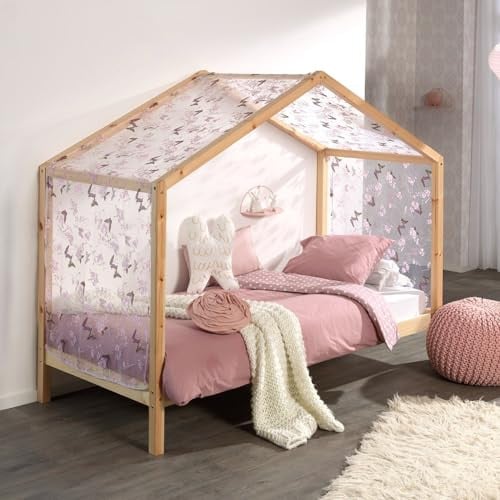 Vipack Dallas 3 kinderhuisbed met textielhemel in natuur, B/D: 90 x 200 cm