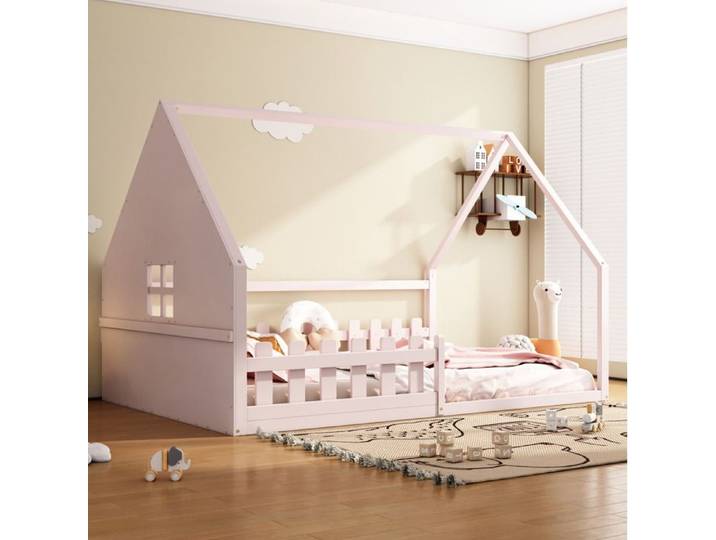 Lit enfant cabane rose avec barrières 140 × 200 cm