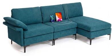 Costway L-Shaped Sectional Sofa Convertible 4-Seater Modular Couch with 2 3-Hole Outlets and 4 USB Ports-Turquoise