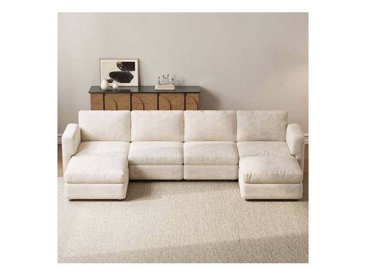 Guyii Ecksofa L-Form mit Ottomane, 4-Sitzer, Beige, 1 Teile, L-form