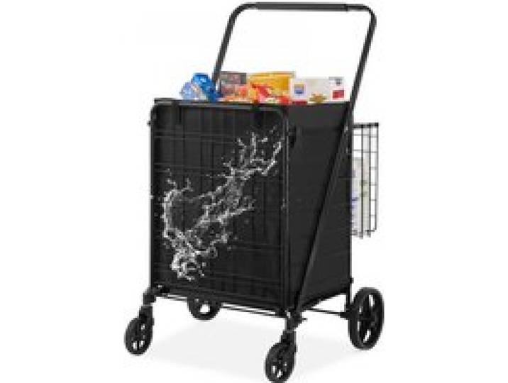 VEVOR Chariot de Courses Pliable Charge 95,3 kg 4 Roulettes Chariot de Supermarché Plus de 85 L avec 2 Paniers Charrette de Courses en Fer avec Doublure Étanche pour Transporter Ranger Linge Épicerie