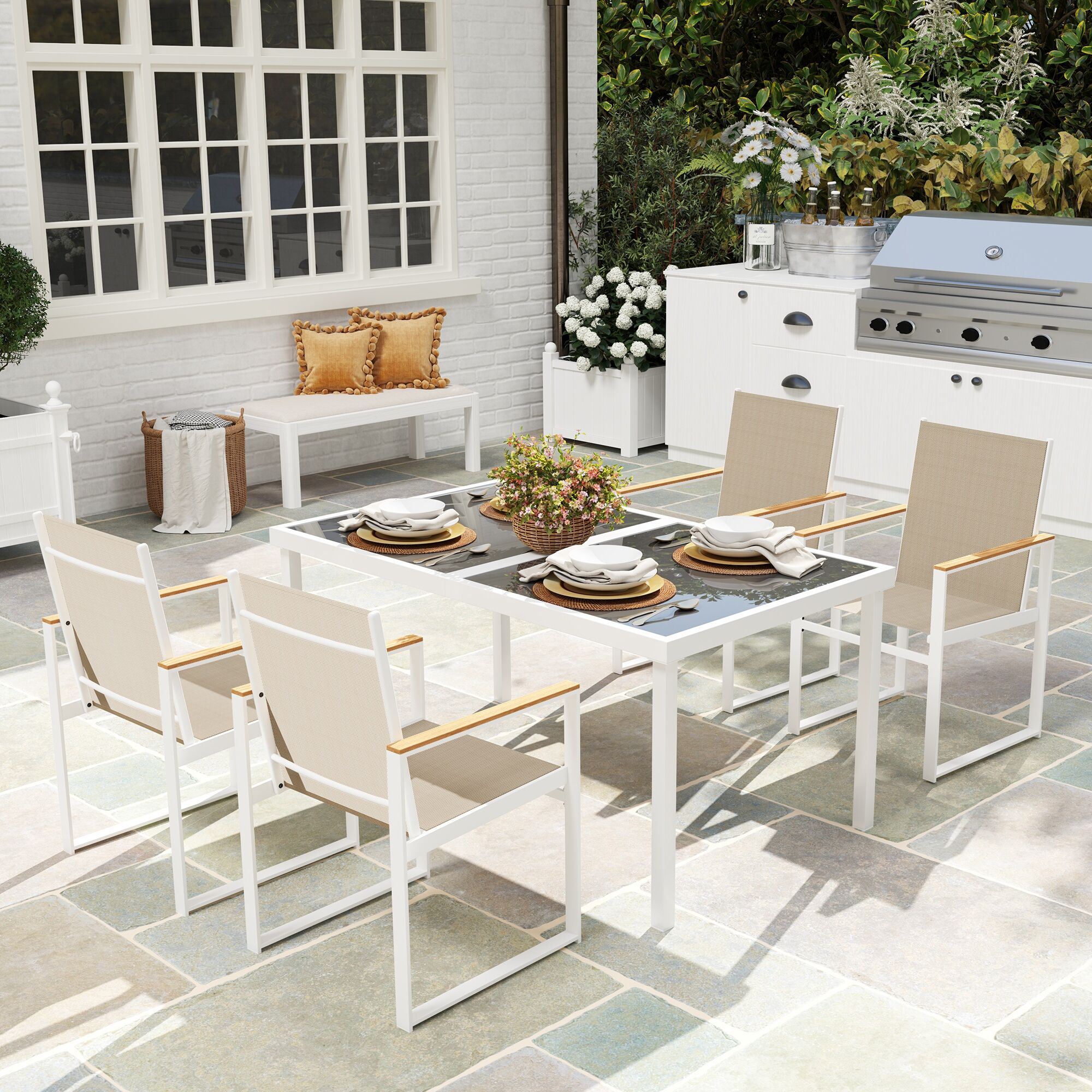 Altro Set Da Giardino Con Tavolo Da Pranzo In Vetro Rettangolare E 4 Sedie Con Braccioli, Multicolore