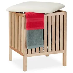 Relaxdays Wäschekorb aus Walnussholz mit Sitz Weiß,Hellbraun