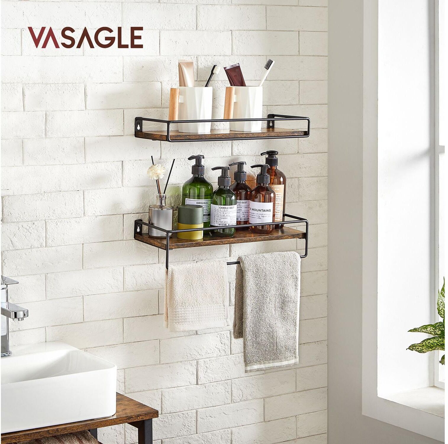 Wandregal VASAGLE "2er-Set", braun, B:40cm H:5cm T:15,5cm, Holzwerkstoff, Metall, Stahl, Regale, Wandregal braun B/H/T: 40cm x 5cm x 15,5cm