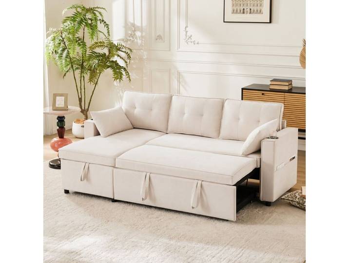 ELVORIN Canapé d angle convertible 211 x 130 x 86 cm coton lin beige rangement porte gobelets