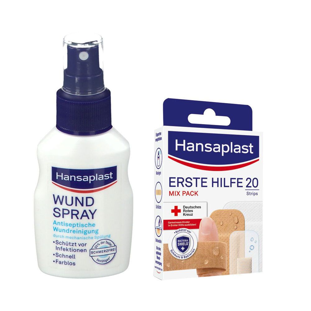Hansaplast Wundspray 50ml + Erste Hilfe Pflaster Mix Strips 1 St Kombipackung