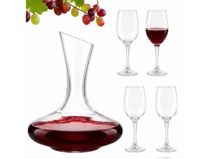 Relaxdays Verres à vin\, lot de 4\, 360 ml\, carafe\, 1\,8 l\, transparent lavables au lave-vaisselle\, verres\, verres à vin à pied