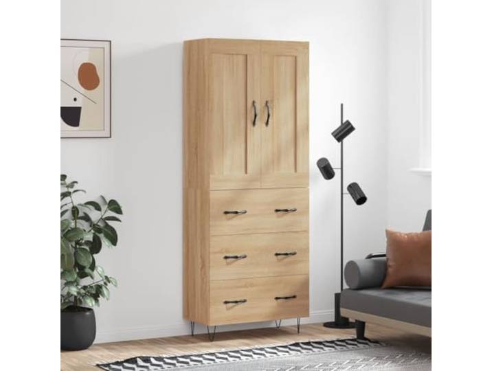 Stilvolles Highboard aus Holzwerkstoff in Sonoma-Eiche – Elegantes Aufbewahrungsmöbel mit viel Stauraum für Wohnzimmer mit Eisenbeinen und Türen, Weißes Highboard