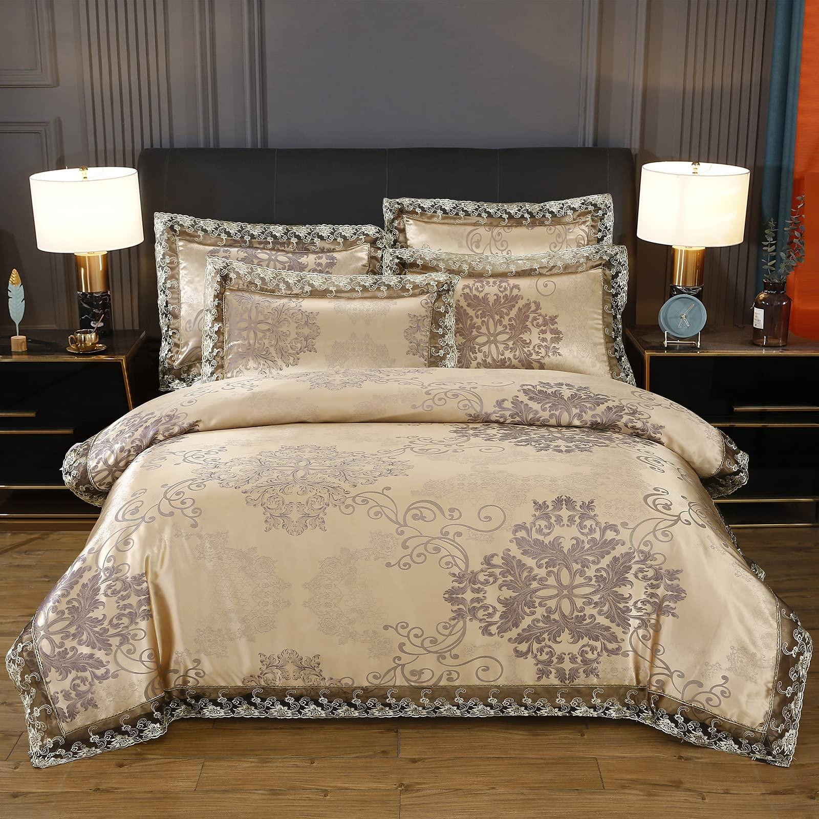 Merkloos Luxe Jacquard Dekbedovertrekset, Champagne Goud, King Size