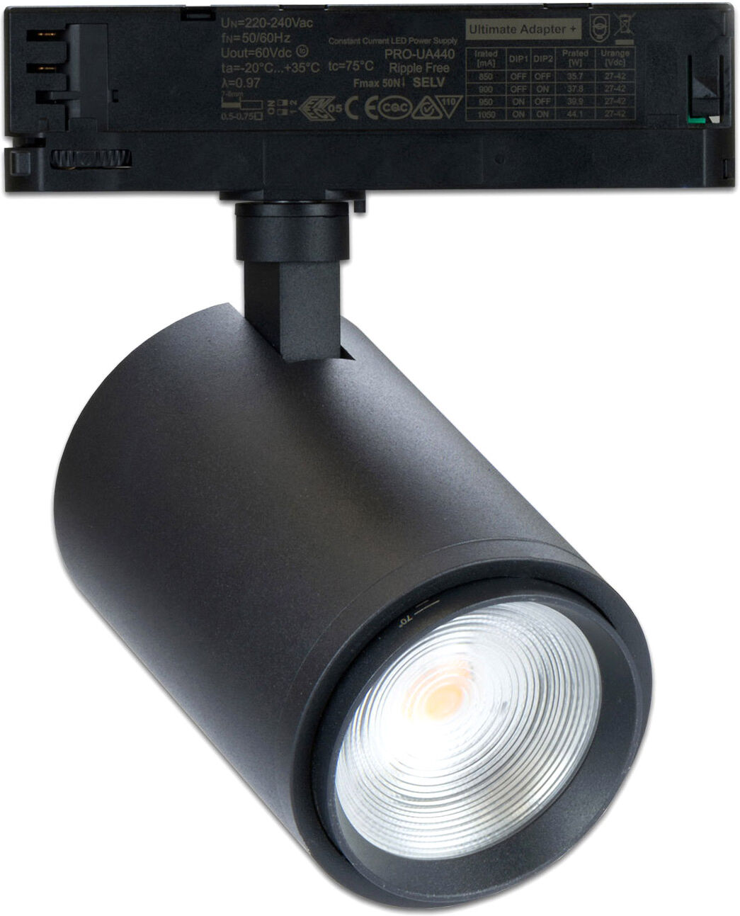 Isoled 3-Ph Schienen-Strahler Fokussierbar, 34w, 20°-70°, Schwarz Matt, Meat 1900k