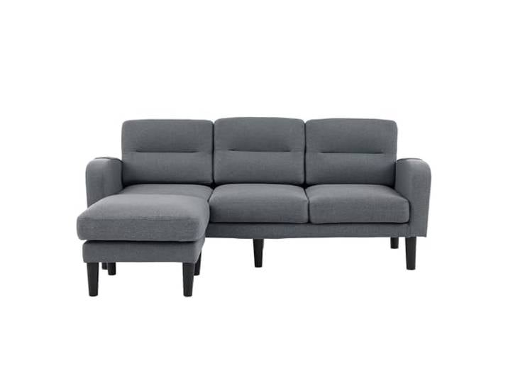 Ropilly Ecksofa L-Form mit Chaiselongue, 3-Sitzer aus Stoff, Grau Sechs seitliche Staufächer halten Fernbedienungen, Bücher und kleine Alltagsgegenstände im Wohnzimmer griffbereit