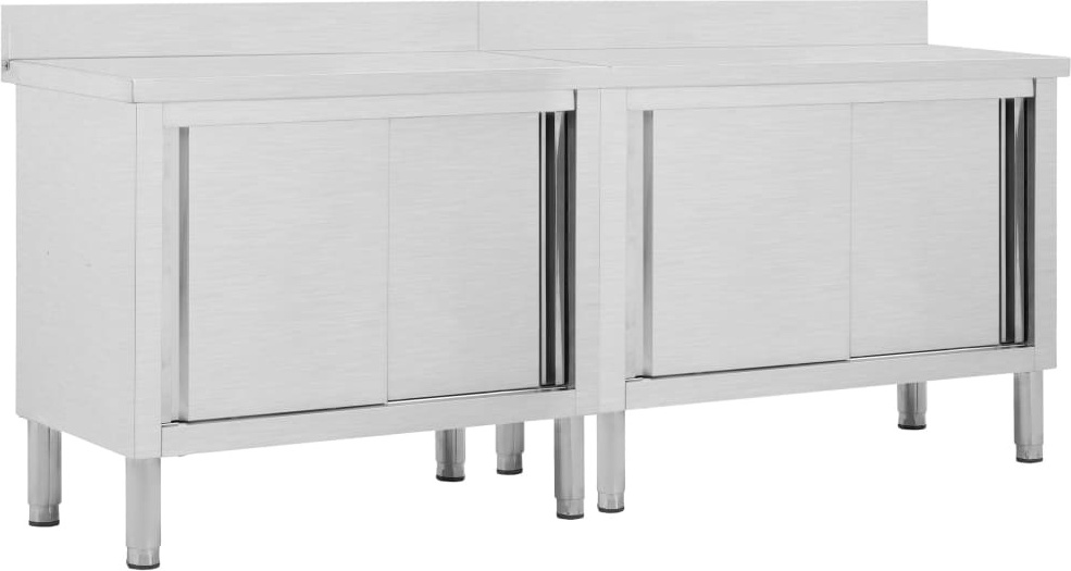 Gastronomie Arbeitstisch Set, 2x Edelstahlschrank mit Schiebetüren, 200x50x(95-97) cm, Tischplattenhöhe 85 cm, verstellbare Füße, korrosionsbeständig