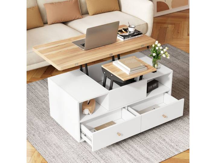 Table Basse Relevable et Extensible - 100x50cm - Rangement & Roulettes - Table 3-en-1 Blanche et Bois