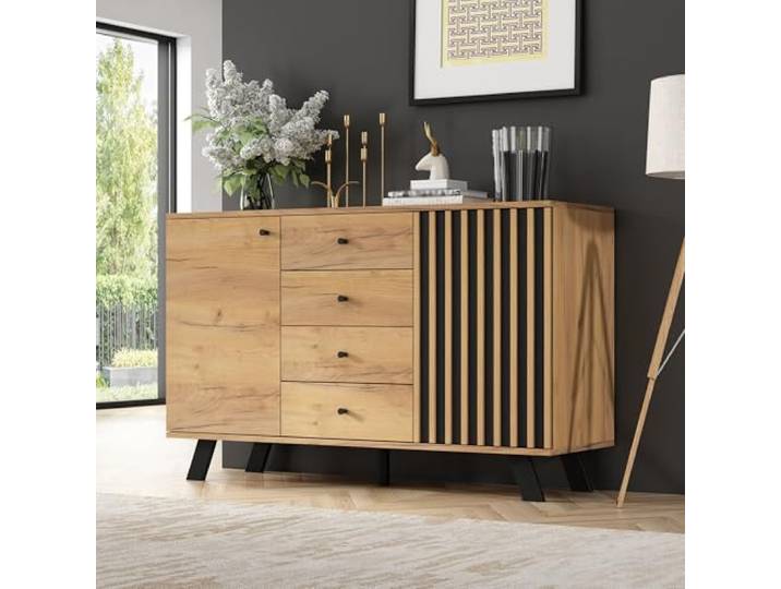 QQJIN Sideboard Wohnzimmer 120x38x75 cm, Kommode mit 4 Schubladen und 2 Schränken, Sideboard Holz mit Massivholzbeinen für Küche, Flur, Esszimmer – natürliche Holzmaserung,O