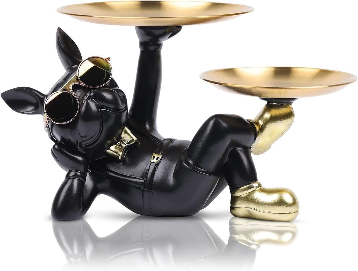 Bulldog Beeld Decoratie met Dienbladen - Zwart