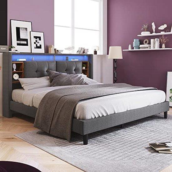 WAN Bed met Opbergruimte, USB-oplaadpoort en LED-verlichting, 140 x 200 cm