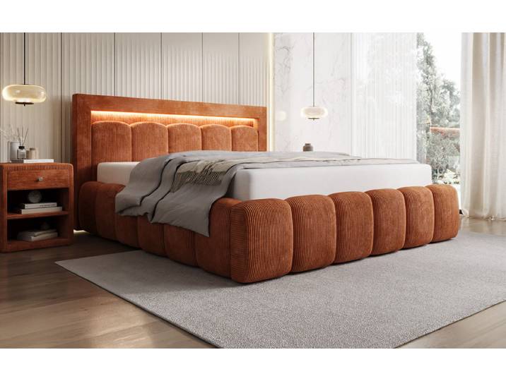 Designer Polsterbett Lume in Cord mit Stauraum und RGB Beleuchtung - 140x200 - Orange - Luxusbetten24