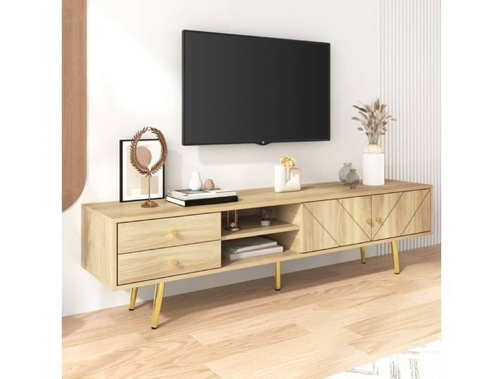 Armoire TV Elégante 2 Tiroirs 2 Portes Etagère Ouverte Pieds dorés Meuble TV Design Moderne en Bois 160x36x42cm