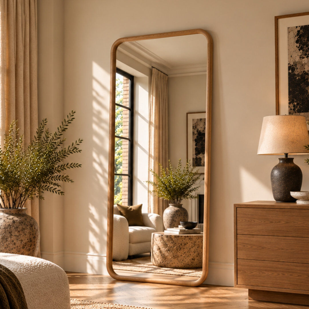 17 Stories Oak Framed Large Full Length Mykelti Mirror Oak Wood 180cm H x 80cm W
