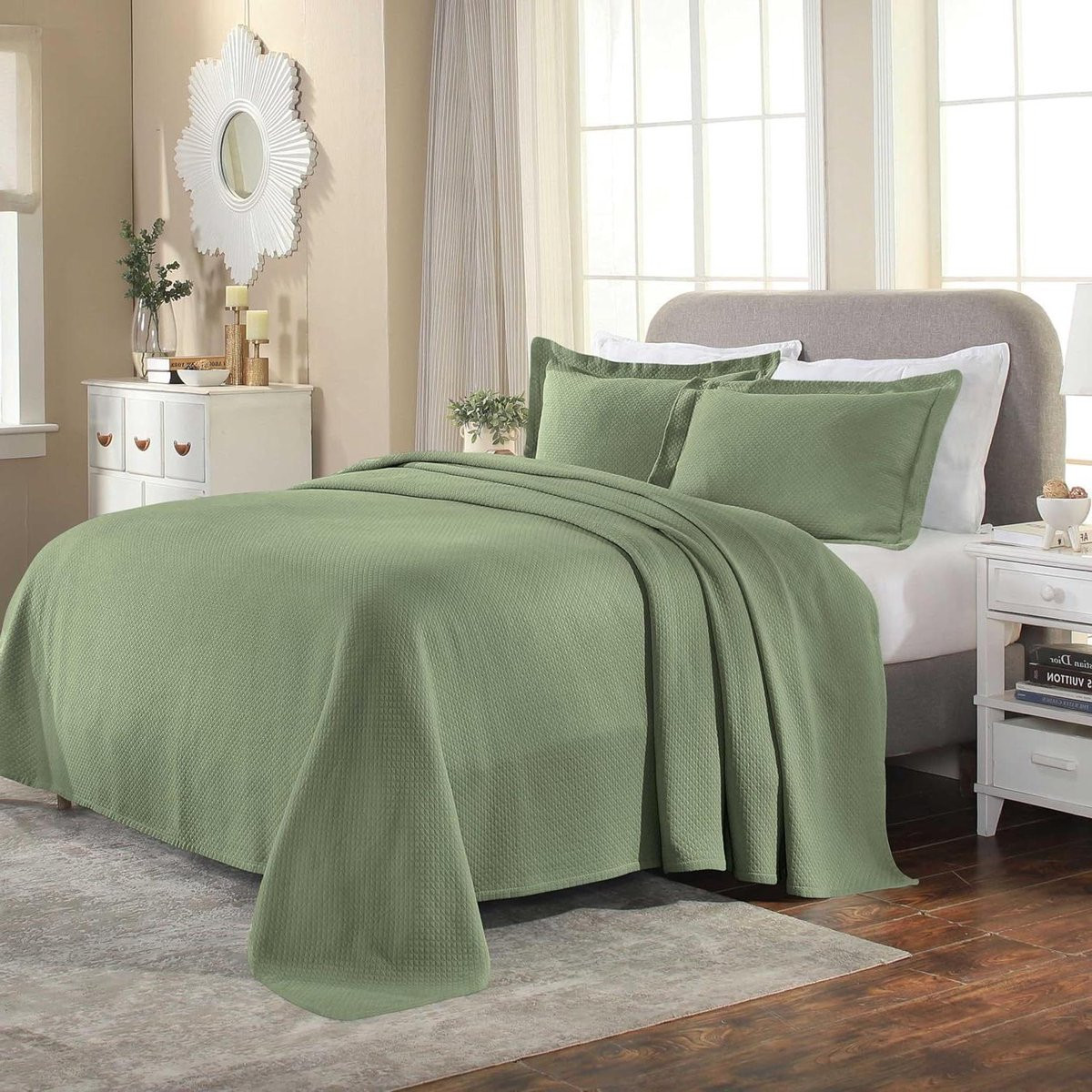 Groene Jacquard Geweven Katoenen Bedsprei en Deken Set voor Queen Size Bedden