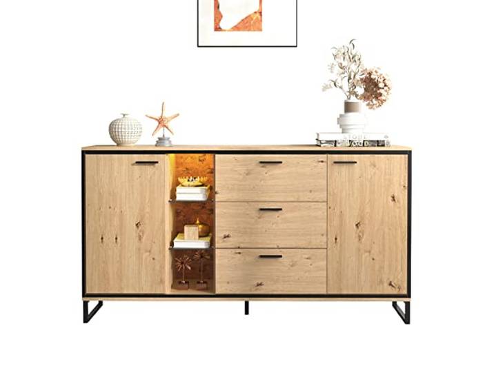 I0I&I0I Modernes Sideboard mit 3 Schubladen, 2 Türen, Exquisite Maserung - Schwarz und Holzfarbe - Stilvolle Aufbewahrungslösung (Natural)