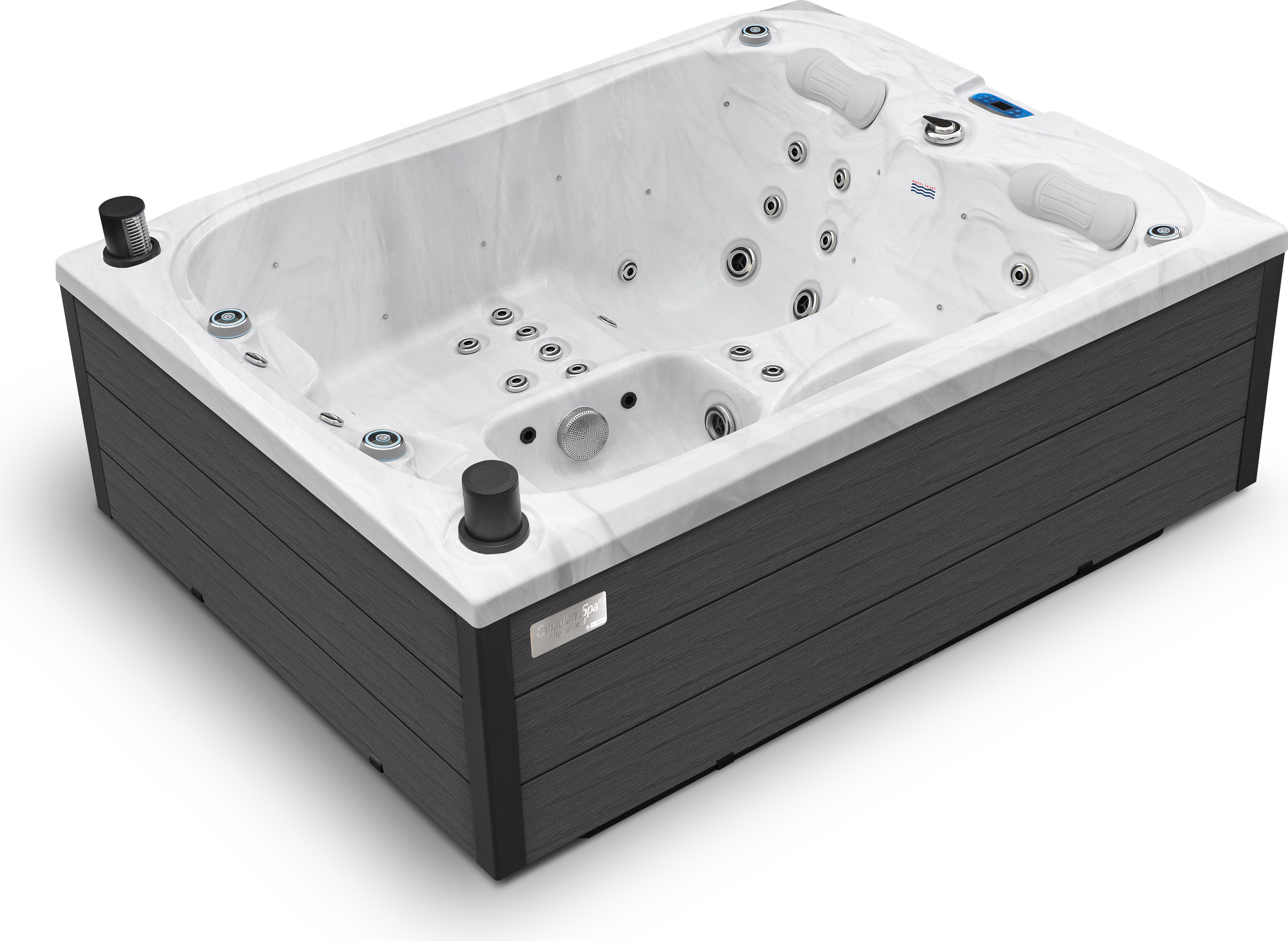 HAF Acryl Whirlpool Emerald "White Marble" | 216x165x78cm für 3 Personen | Winterabdeckung Braun | Outdoor Whirlpool mit LED & Massagefunktion