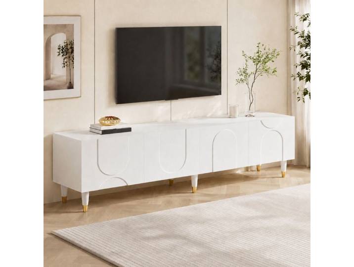 LEMLIT Meuble TV Blanc 180x40x50cm avec 4 Portes et Rangement Relief d'Arc Asymétrique Pieds Bois Massif pour Salon