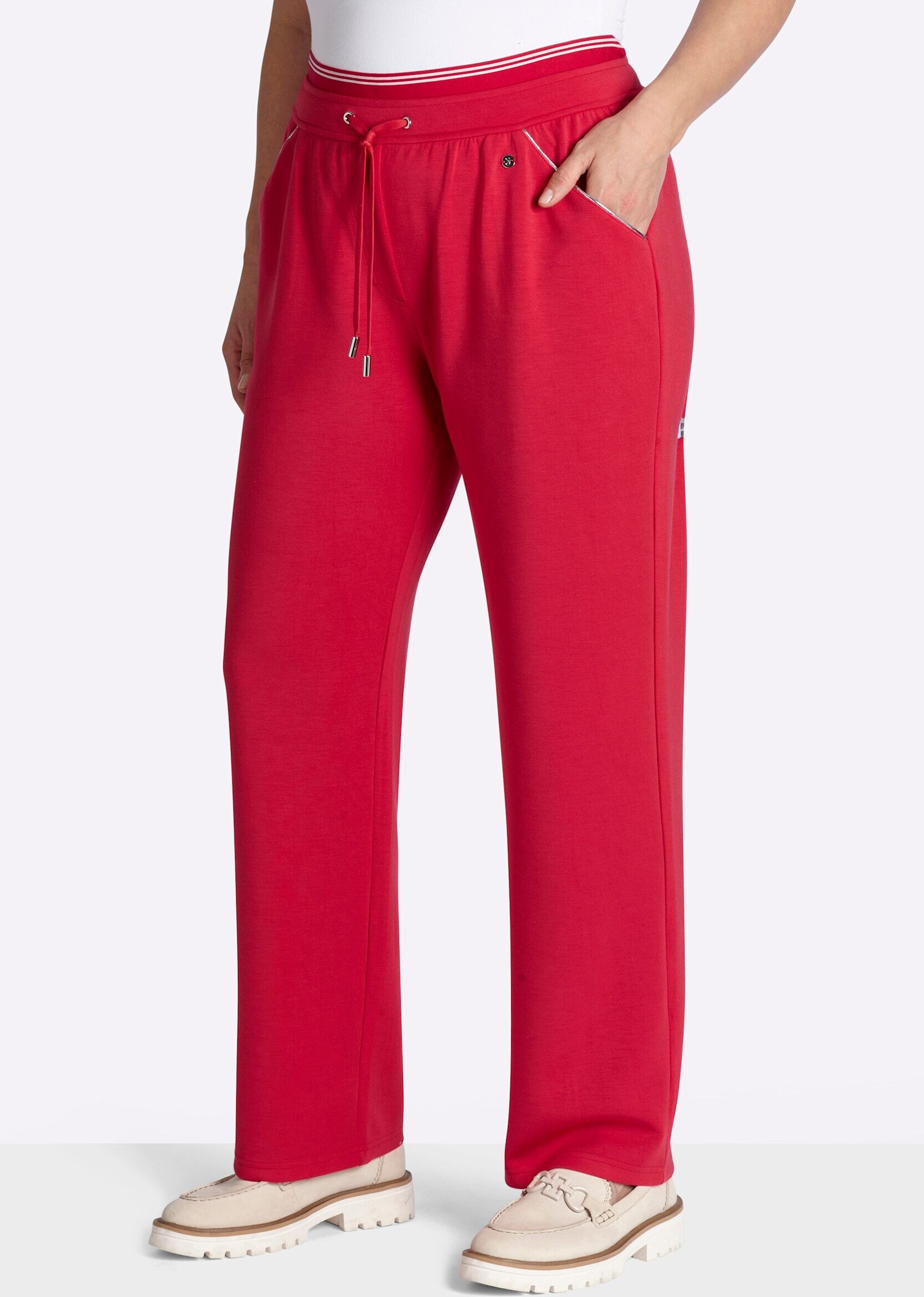 Schlupfhose SHEEGO "Sweathose Jerseyhose mit gestreiftem Stretchbund", Damen, Gr. 50, rot (erdbeere), Modisch, gerade, Hosen Schlupfhose