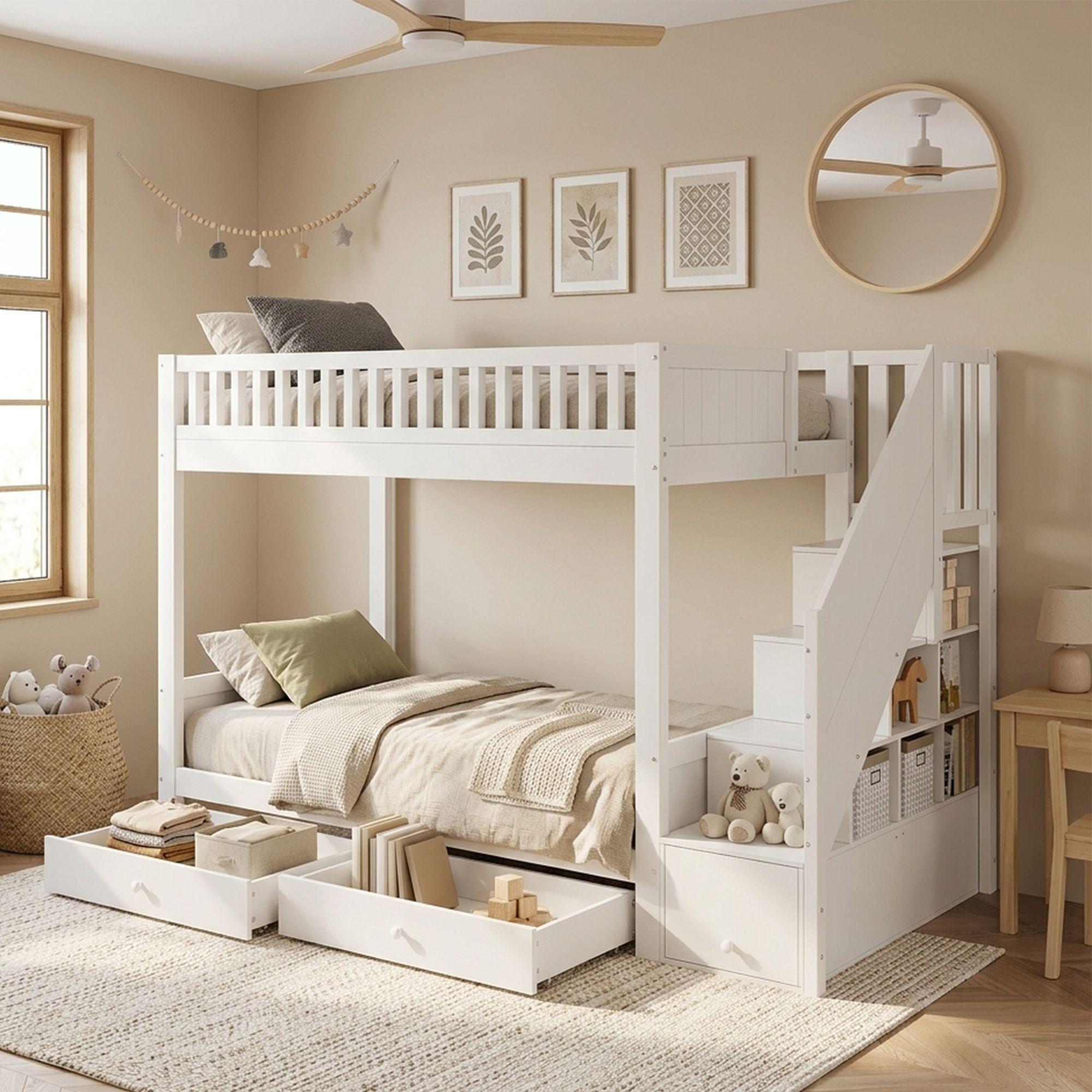Merax Etagenbett 90x200cm mit 2 Schubladen, Kinder-Stockbett aus Holz mit Stauraumtreppe, Rausfallschutz, Hochbett für Kinderzimmer, Weiß