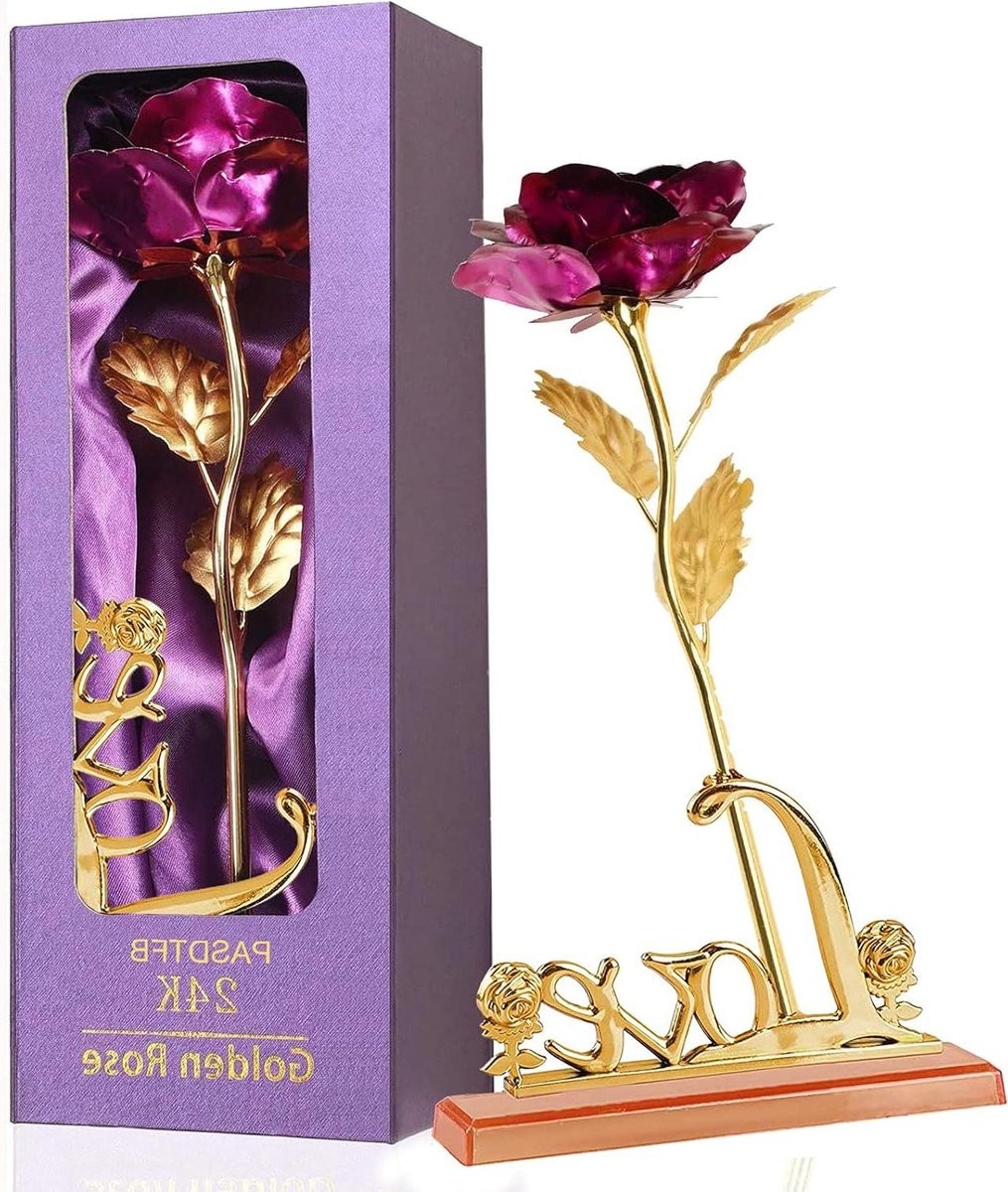 24 Karaat Vergulde Gouden Roos Eeuwige Bloem Paars - 27 cm