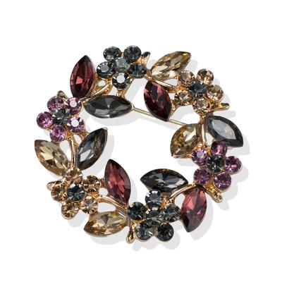 Brosche FIRETTI "Schmuck Geschenk Kupfer Ansteckschmuck Kranz", bunt (gelbgoldfarben, dunkelrot, schwarz, lila, kristallweiß, dunkelrot, schwarz, lila, kristallweiß), Broschen, Damen, Kupfer, Brosche