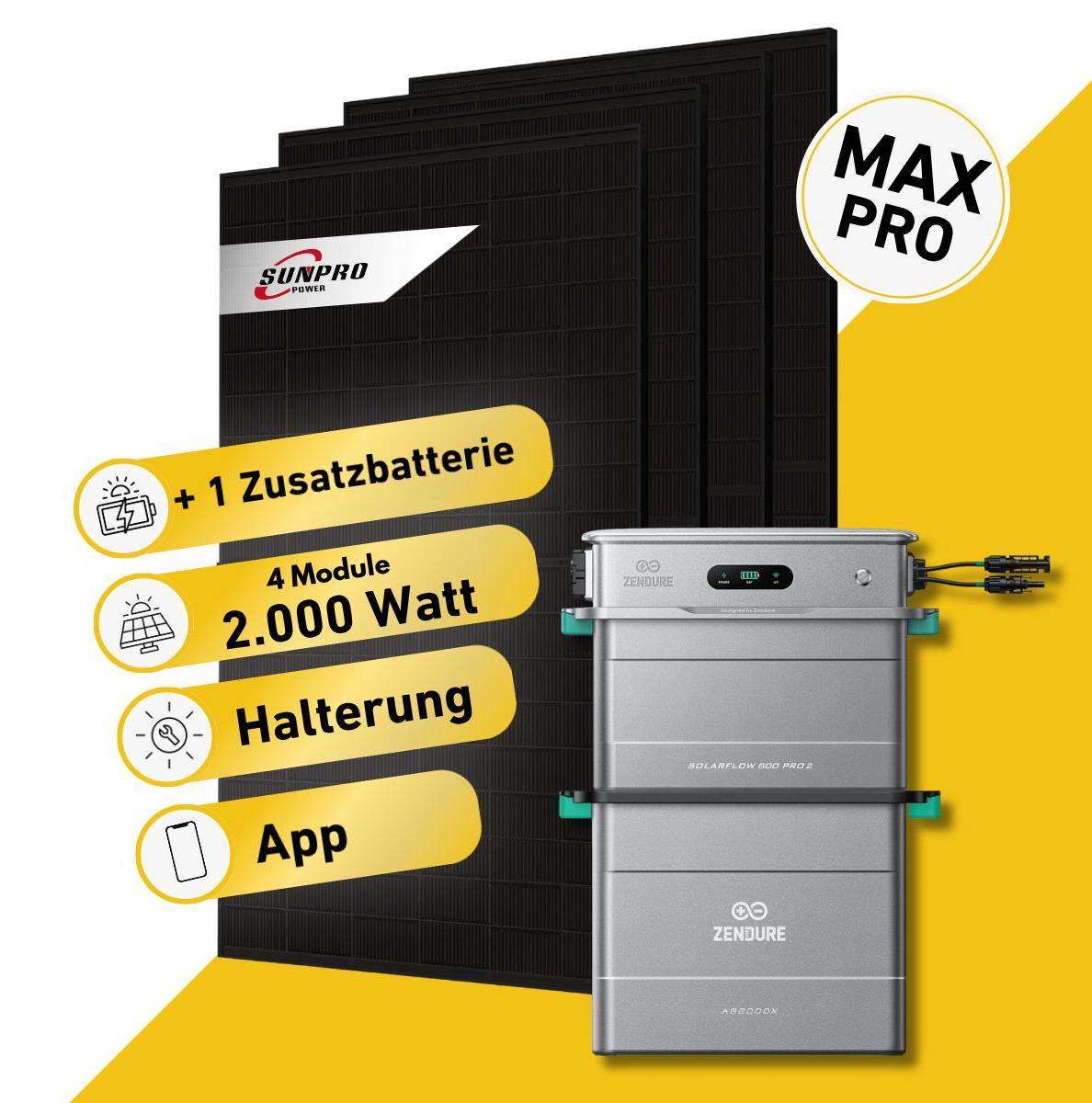 Balkonstrom Balkonkraftwerk 2000W mit Speicher | 1xZusatzspeicher |Fassadenhalterung 90Grad | 4xSolarmodul Bifazial | Zendure SolarFlow 800 Pro 2
