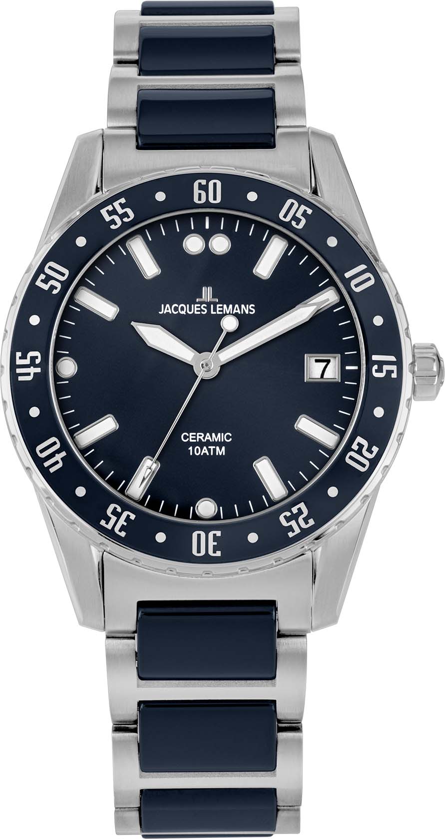 Keramikuhr JACQUES LEMANS "Liverpool", blau (dunkelblau, silberfarben, dunkelblau), Armbanduhren, Damen, silberfarben, Keramikuhr, Quarzuhr, Armbanduhr, Damenuhr, Datum, Edelstahlarmband,Keramik