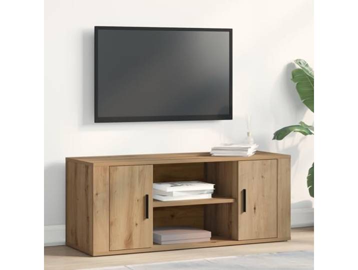 HEFZGDB TV-Schrank Artisan Eiche 100x35x40 cm Holzwerkstoff mit Zwei Regalen und Türen für Mediengeräte, robuster TV-Stand mit offenem und geschlossenem Stauraum, eleganter