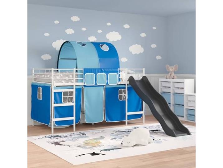 SKTQYQO Hochbett für Kinder, Weiß und Blau, 107 x 203 cm Bogendesign, Vorhänge inklusive, robuste Struktur, Spiel- und Ruheplatz