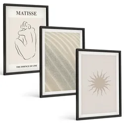 BILDER SET 3er Set - 40x60 cm Schwarzer Rahmen - Minimalistische Sandlinien Sonne