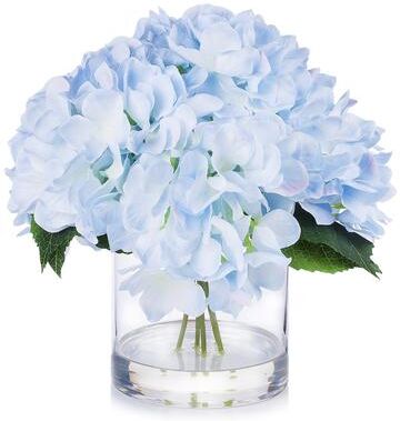 Enova Home Artificial Large Silk Hydrangea Fake Flowers Arrangement in Clear Glass Vase for Home Wedding Decoration