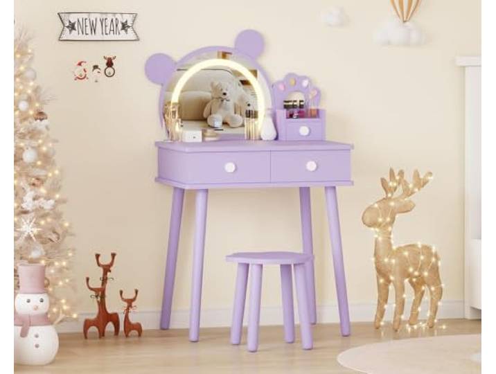 Garvee Kinder-Make-Up-Tisch Set Mit Bärenspiegel – Weißer MDF-Schminktisch Mit Blütenhocker & 3-Farben-Spiegel, 64x47x19 cm Spieltisch Für Mädchen, Praktischer Kinder-Schminktisch Für Schlafzimmer