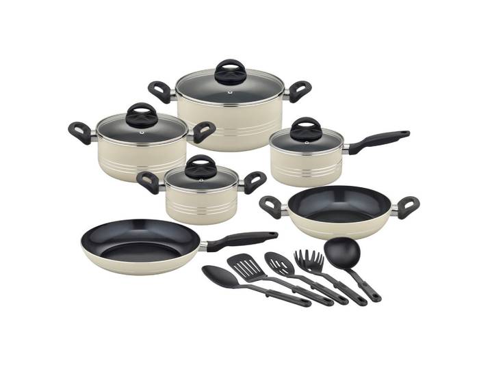 GSW Kochtopfset Milano Beige, Beige, Metall, 15-teilig, 16 cm, 1.5 L, ISO 9001, backofengeeignet, kratzfest, rostfrei, Griffe werden nicht heiß, optimale Wärmeverteilung, leichte Reinigung, schadstofffrei gemäß EU-Standards,mit Dampfablass, backofengeeignet, Kochen, Töpfe, Topfsets