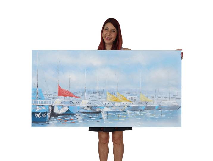 Ölgemälde Boote, 100% handgemaltes Wandbild Gemälde XL, 140x70cm Standard