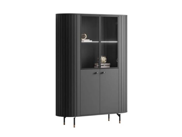 Lookway Vitrine Elodie 112×155×40 cm – Elegante Vitrine mit Glastüren, LED-Beleuchtung, vertikalen Fräsungen und abgerundeten Seiten auf stilvollen Beinen (Schwarz)