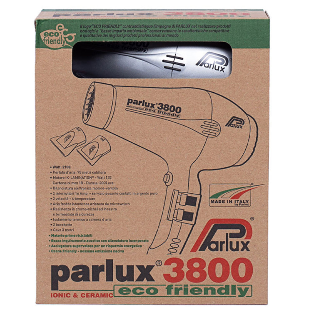 Parlux 3800 Hair Dryer Eco Friendly Ionic and Ceramic [European Plug 220V] 1&nbsp;un. Black