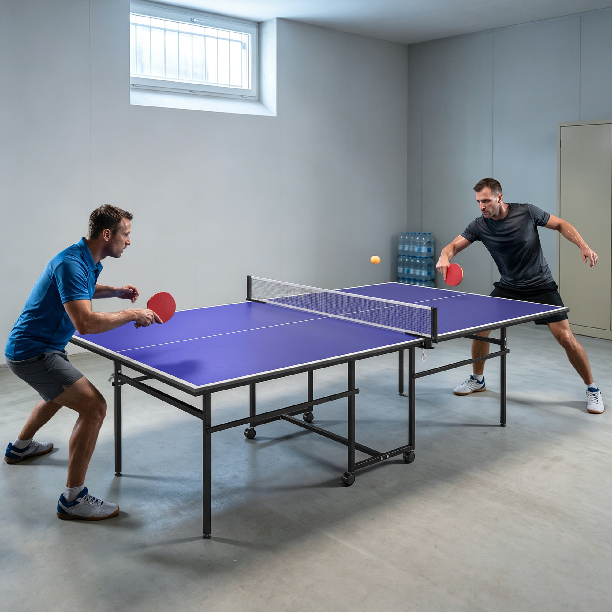 Sportnow Tavolo da Ping Pong Pieghevole per Interni con Ruote Girevoli, Rete, Racchette e Palline, Blu   Aosom Italy