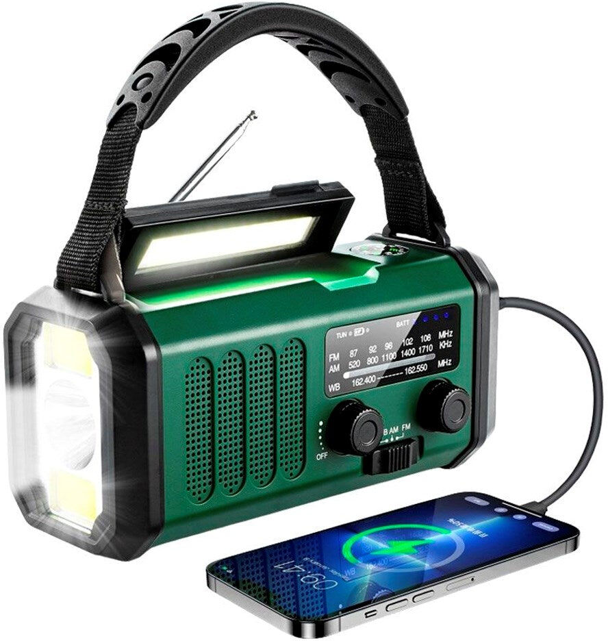Nødradio Lippa FM - Håndsving, Solcellepanel, Kompas, 10.000 mAh Powerbank - Grøn