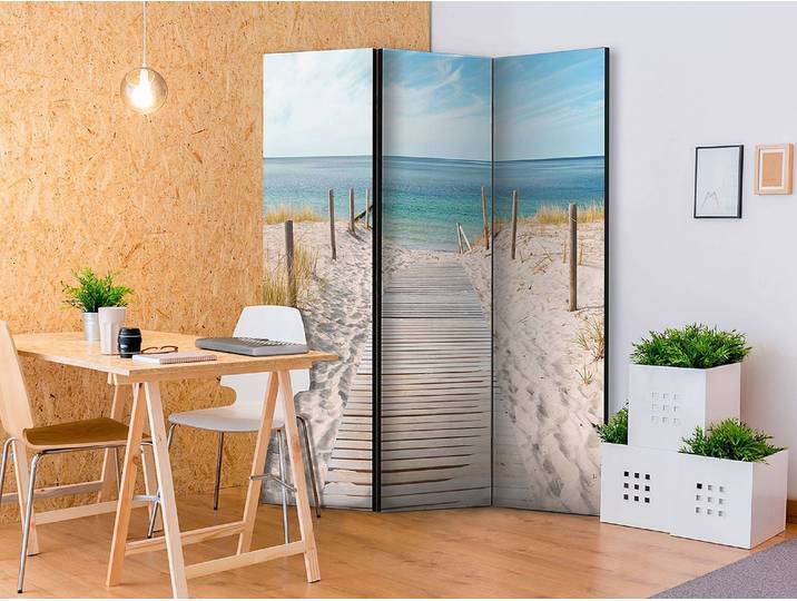 Paravent Holiday at the Seaside 1-seitig Vlies auf Kiefer Massiv Beige 135 x 172cm