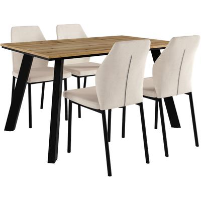 Essgruppe OTTO HOME "Genf Tischgruppe, Esstisch plus 4 Stühle", beige (eichefarben, creme), Webstoff, Sitzmöbel-Sets, Essgruppe, Küchentisch, 4 Stühle, moderne Tischplatte in eiche/schwarz